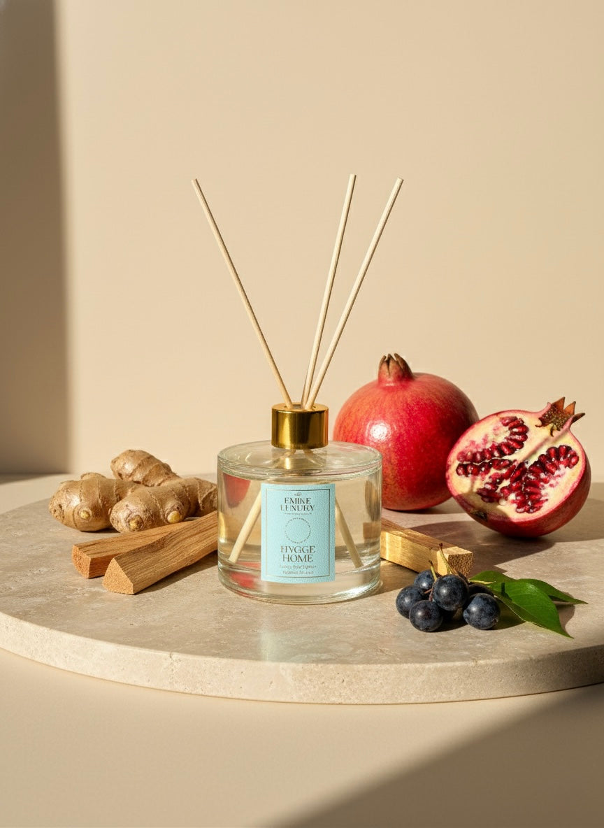 Reed diffuser with pomegranates, cinnamon sticks, and blueberries on a beige surface